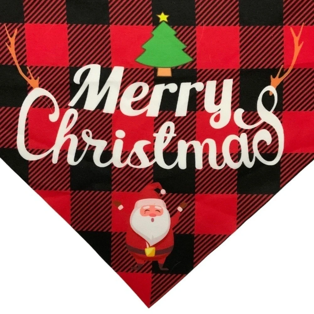 Christmas Dog Bandanna Tartan Plaid Merry Christmas Graphic Tie On Black Red OS